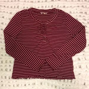 Burgundy Pink Republic long-sleeve top with white pinstripes throughout.